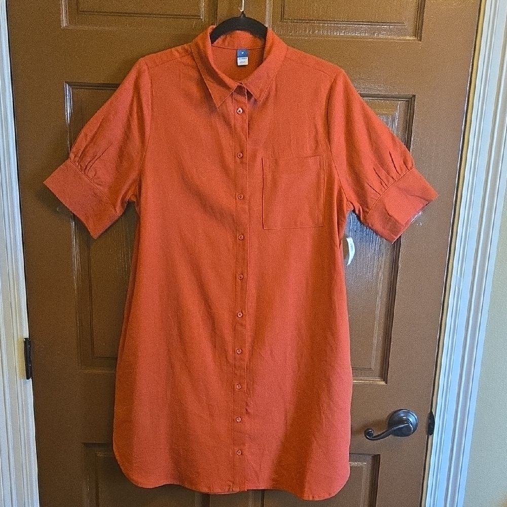 Old Navy-Linen blend rust short sleeved button down front shirt dress Sz M NWT.